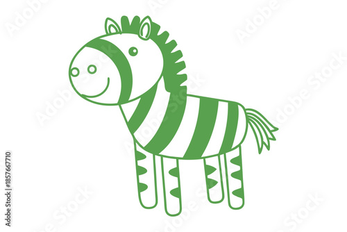 An adorable green zebra stands peacefully, featuring its cartoonish design and classic stripes