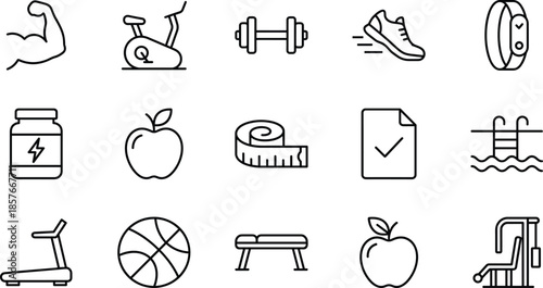 Set of fifteen linear fitness icons featuring muscle bicep exercise bike barbell running shoe tracker protein apple tape measure and swimming