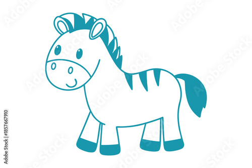 Adorable teal zebra stands smiling with big eyes and a cheerful expression