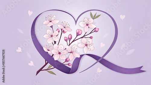World Cancer Day awareness concept with purple ribbon heart and flowers