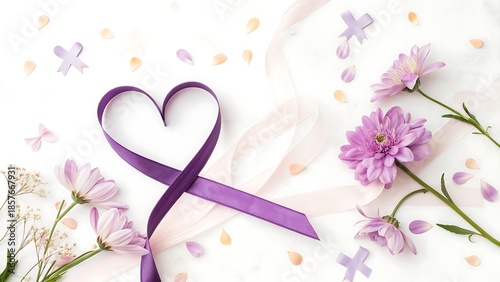 World Cancer Day flat lay with purple ribbon heart and floral element