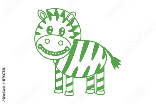 The cartoon green zebra with striped pattern stands cheerfully against a white backdrop