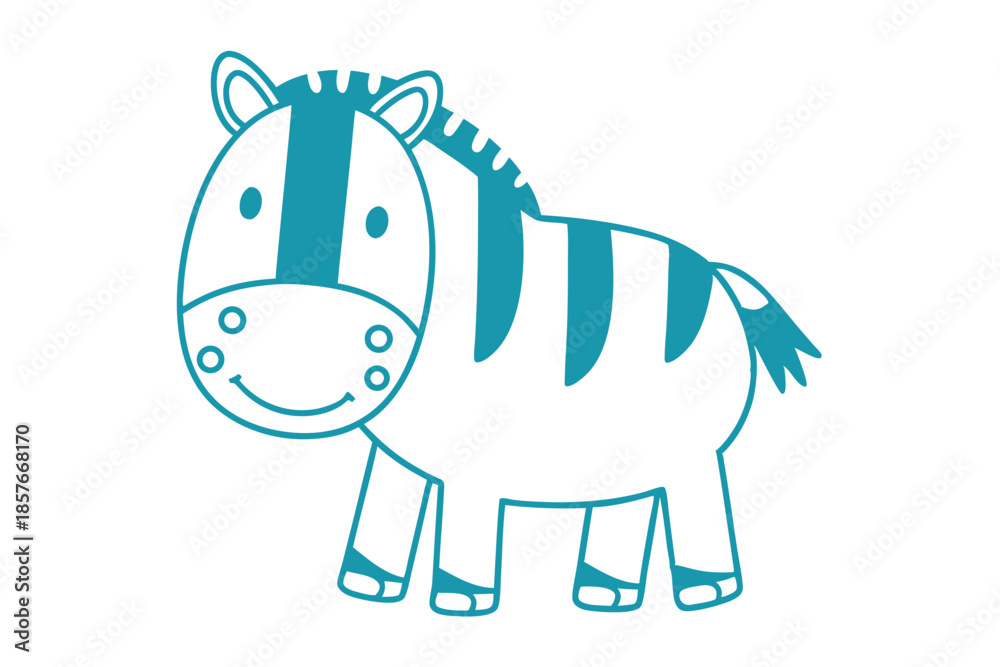 Fototapeta premium Cute stylized blue zebra outline with cartoon features smiles gently at us