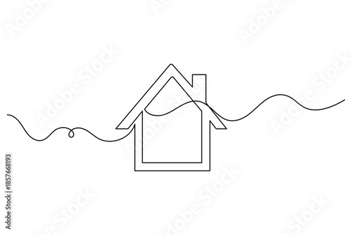 Abstract house outline in one line style with curved path for modern housing concept