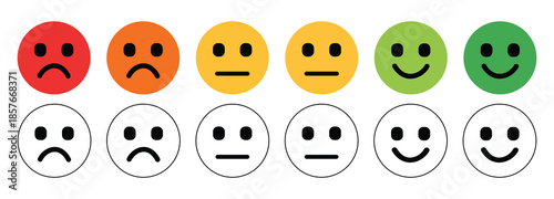 Eight face icons showing different emotions and styles emoji emoticon. Vector icons for feedback, mood, Happy, sad, angry, neutral faces.vector illustration.