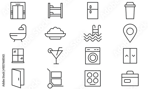 Hotel thin line icons set. Set of 16 outline icons related to hotel, restaurant, resort and more. Vector illustration.