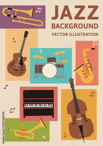 Colorful retro jazz band instruments vector illustration
