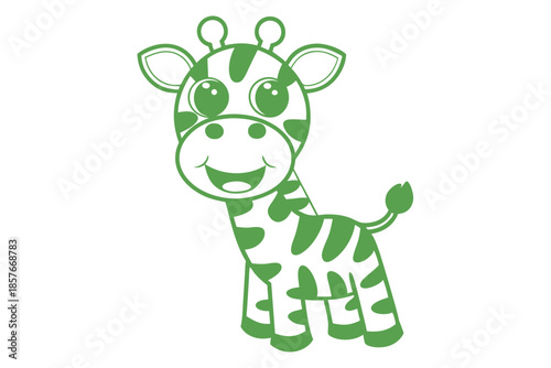 Green cartoon giraffe smiles cheerfully against a white background, exhibiting simplicity and joy