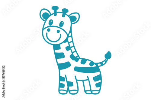 Cartoon teal giraffe smiles with big eyes and spots against a white background