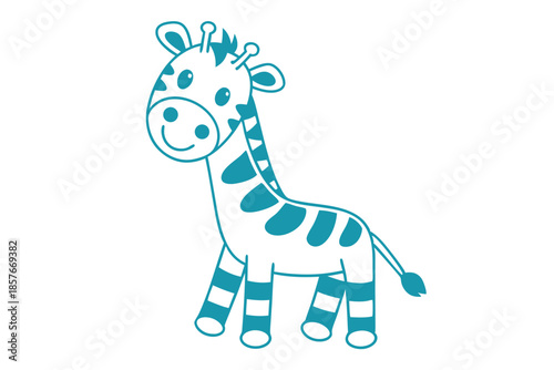 Cute teal giraffe with spots and stripes smiles softly, standing against a bright backdrop