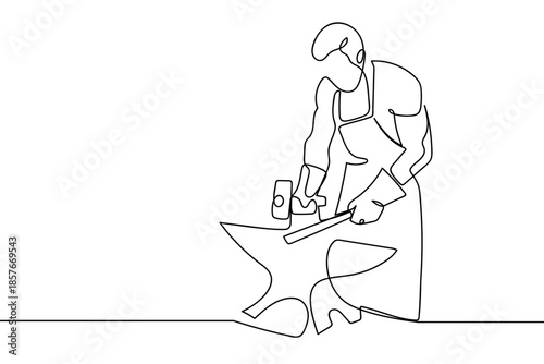 A single, continuous line representing a person hammering iron on an anvil. Single line art design Editable stroke.