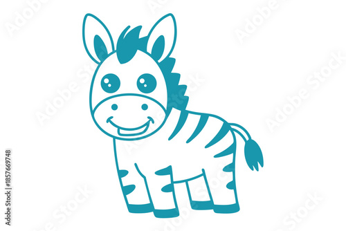 Cute cartoon zebra smiling, stands, wearing stripes, against a white background