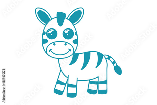 Animated baby zebra is happily standing with adorable facial expressions in vibrant aquamarine