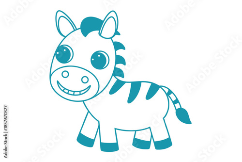 Stylized cartoon zebra smiles with big eyes, wearing a blue color outline, isolated