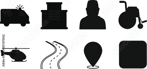 Collection of Black Silhouette Vector Icons: Ambulance, Helicopter, Road, Map Pin, Wheelchair