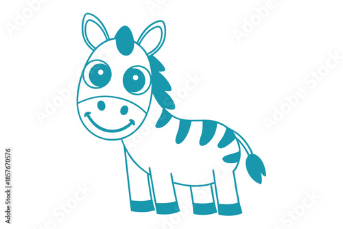 Cute teal cartoon zebra stands smiling, its simplistic design is appealing to children