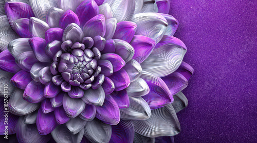 Purple and white flower with a silver stem. The flower is surrounded by a purple background. The flower is very detailed and looks like it is made of metal