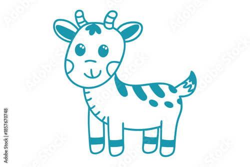 Cartoon goat stands cheerfully with blue stripes and spots on a white background