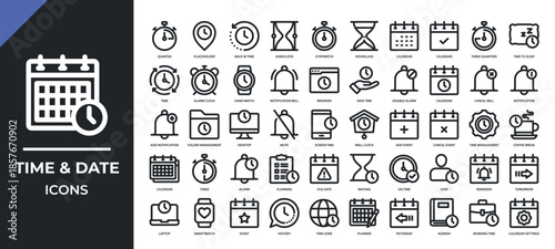 Time and Date icons collection. Containing clocks, calendars, reminders, alarms and more. Simple line vector.