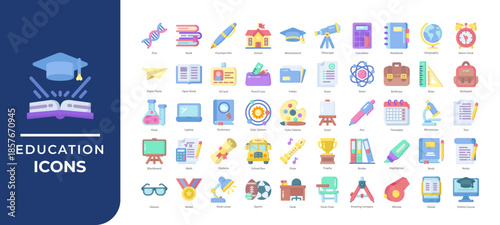 Education icons set collection. Containing books, learning tools, school supplies, science symbols and more.  Simple flat color vector.