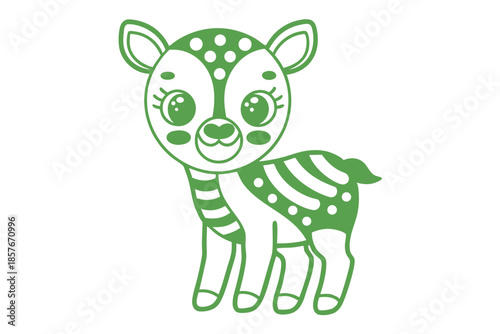 Stylized cartoon fawn with round spots and sweet eyelashes is rendered in green