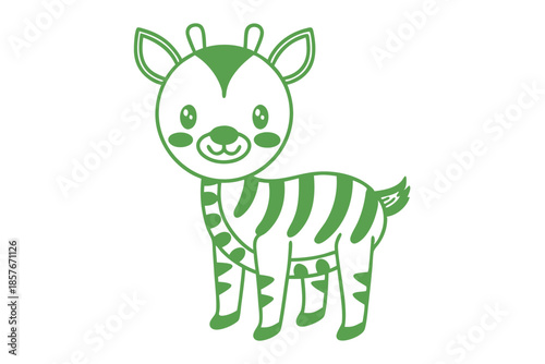 Olive green art displays a cute zebra with a cartoonish expression standing still