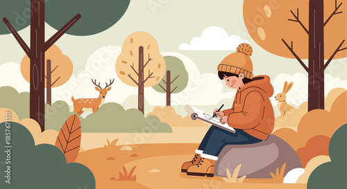 Child drawing wildlife in autumn forest, deer and rabbit nearby