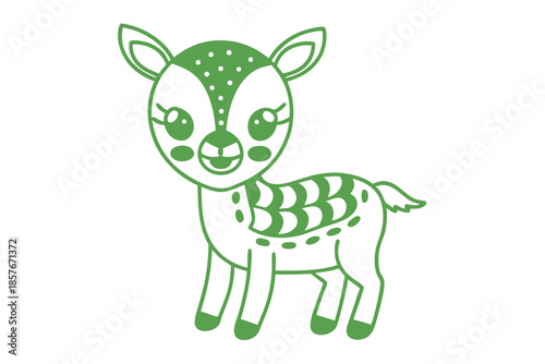 Green outline reveals a spotted cartoon fawn with large, expressive eyes standing calmly