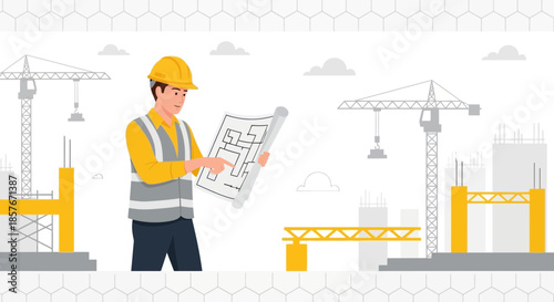 Construction worker with blueprints overseeing building site with cranes