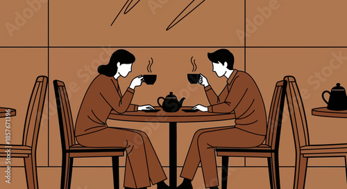Couple enjoying coffee break in cafe, minimalist illustration