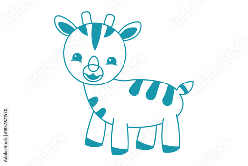 Cheerful teal outlined cartoon zebra stands happily, showing its silly smile and unique stripe pattern