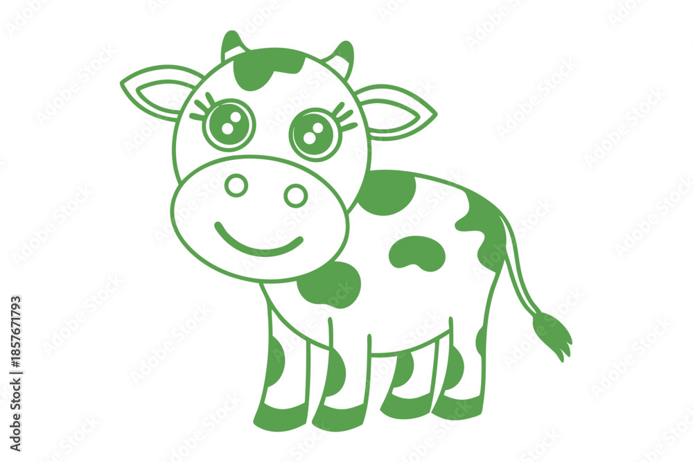 Fototapeta premium Smiling calf icon in green outline poses happily with large eyes and spots