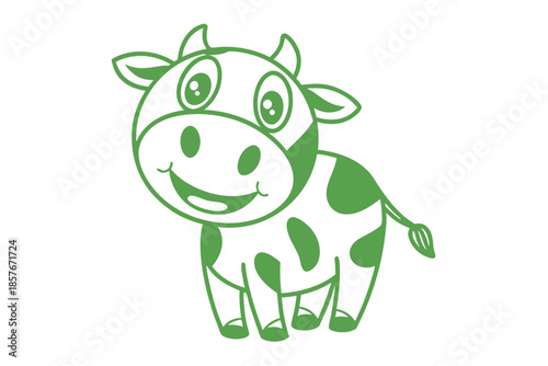 A cute cartoon green cow is smiling and standing with a happy expression