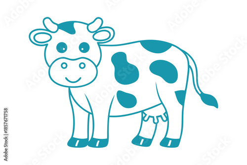 Blue outlined cartoon cow with spots stands cheerfully on a white background