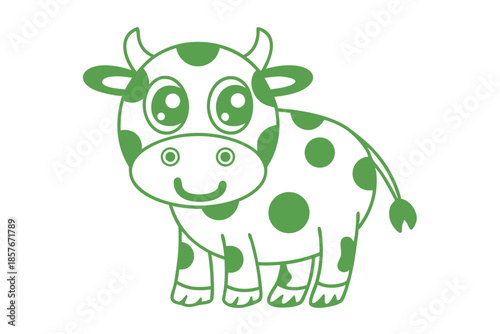 A cute cartoon cow with green spots cheerfully stands on a bright white background