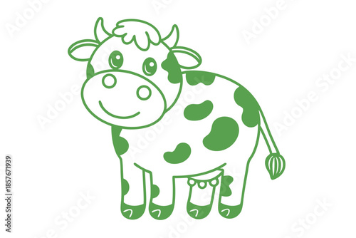 A cute cartoon style dairy cow with green spots smiles openly toward us