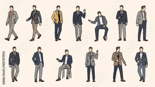 Diverse Collection of Stylish Men in Various Poses and Outfits.