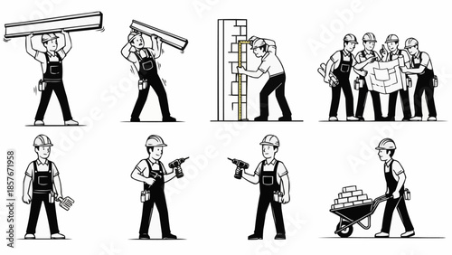 Construction Workers in Various Tasks - A Detailed Illustration.