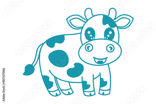 Smiling cartoon cow with large eyes stands cheerfully outlined in teal against white