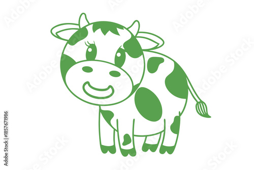 Adorable outline of a green spotted cartoon cow stands with a charming smile
