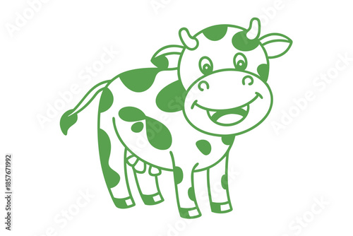Cheerful cartoon cow with green spots smiles broadly, presented in a simple line drawing