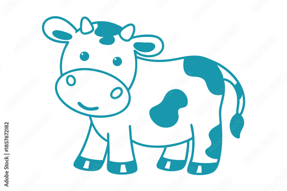 Fototapeta premium Cute turquoise cow cartoon with simple rounded shapes on a white backdrop