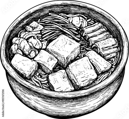 Bowl filled with noodles tofu and vegetables arranged beautifully.