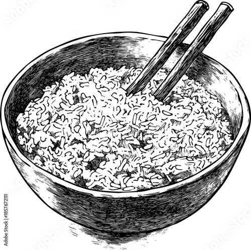 Bowl of cooked rice with chopsticks resting on top.