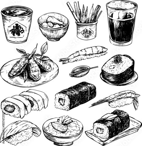 Collection of hand-drawn sushi and japanese food illustrations.