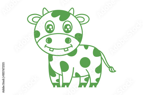 A green spotted cow with round eyes and a cute smile stands happily
