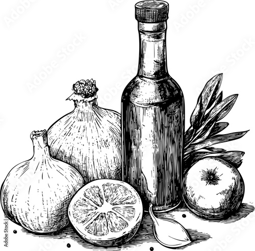 Collection of vegetables and a bottle ideal for cooking illustrations.