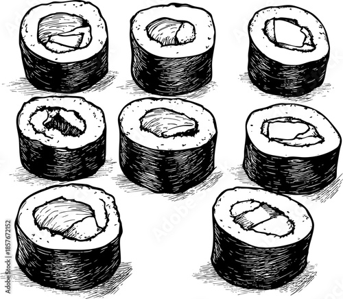 Colorful assortment of sushi rolls showcasing various ingredients and textures.