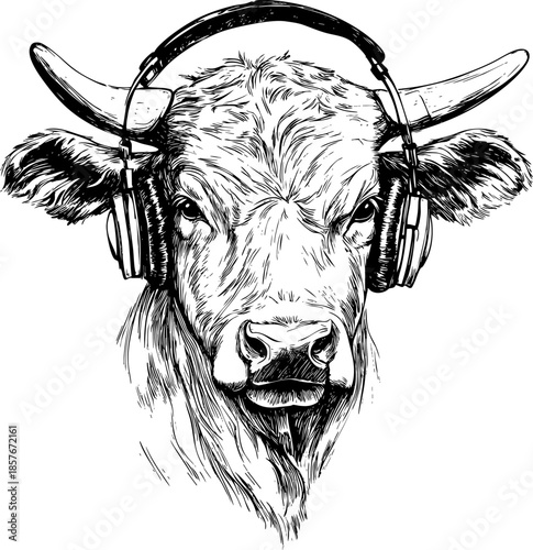 Cow wearing headphones with a focused expression on its face.