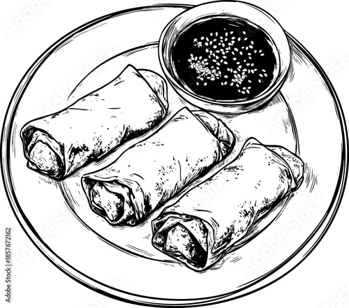 Crispy spring rolls served with a tangy red dipping sauce.